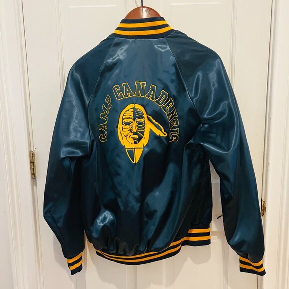 1960's 70s Camp Canadensis ILGWU Satin Varsity Jacket Men's L Navy Yellow - Picture 1 of 16